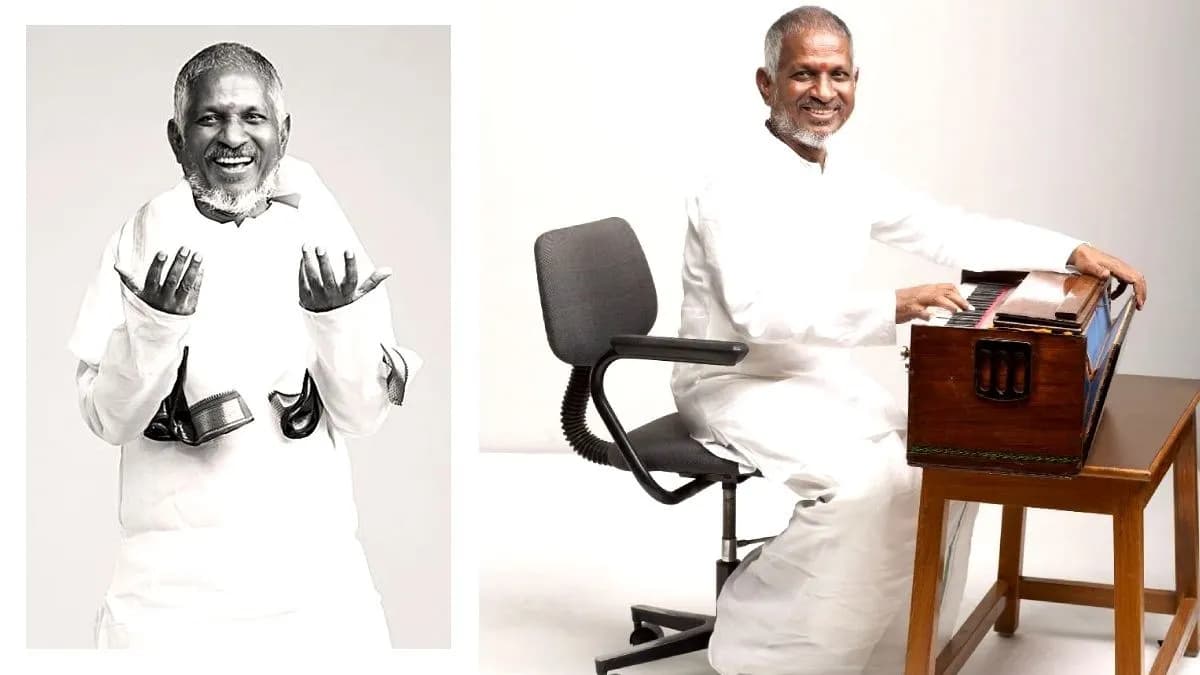 Ilaiyaraaja conducting an orchestra with posters of the films Kondhal and Anthony displayed behind him
