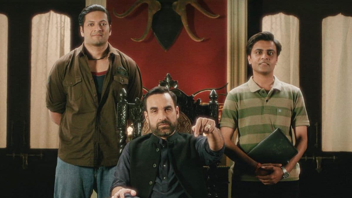 Poster of Mirzapur The Movie showing Pankaj Tripathi as Kaleen Bhaiya with gritty city backdrop