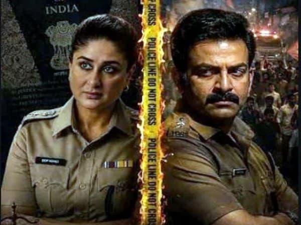 Kareena Kapoor Khan and Prithviraj Sukumaran in a promotional still for Daayra, facing off as opposing police officers