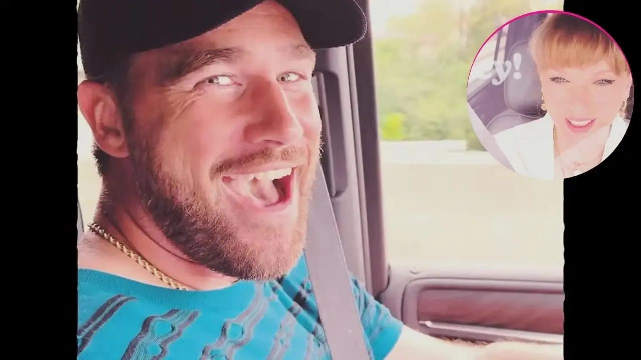 Travis Kelce smiling while driving, filmed by Taylor Swift from the passenger seat, a still from the Cleveland! lyric video