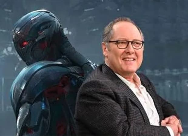 A close-up of Paul Bettany as Vision, eyes glowing faintly, with a shadowed figure behind him — James Spader as Ultron — blurred but present.