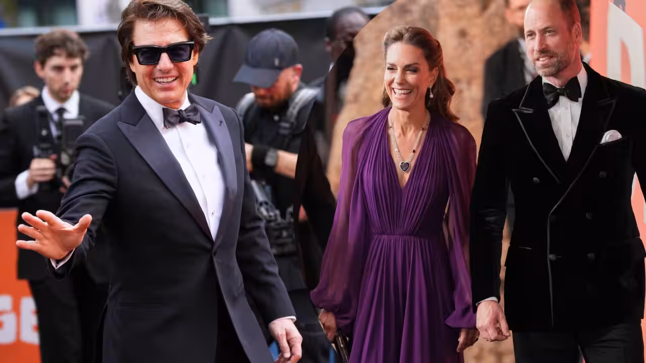 Tom Cruise stands with Prince William and Princess Catherine on the red carpet at the London premiere of Digger in Leicester Square.