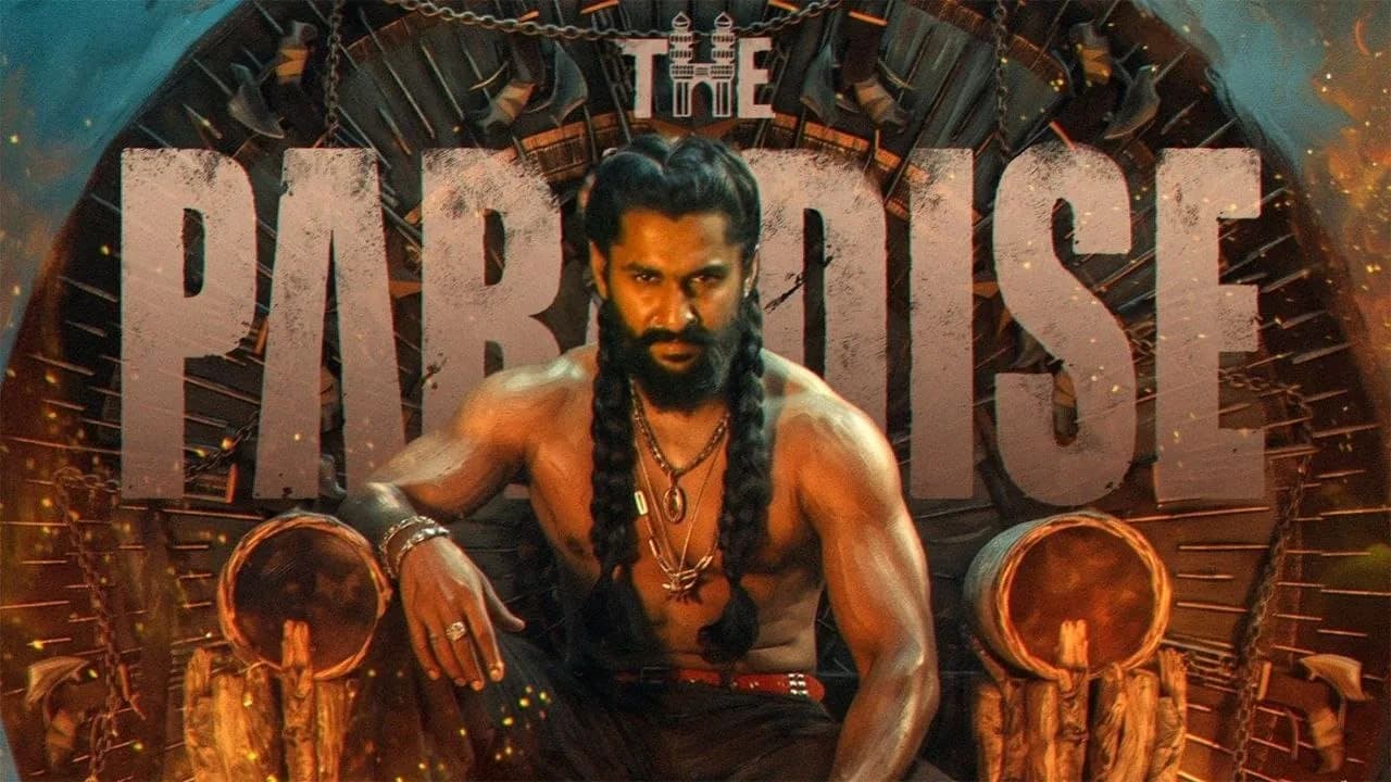 Poster of Nani's film The Paradise showing the actor in a bright desert backdrop with the movie title in bold lettering