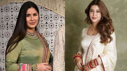 Katrina Kaif smiling at the Ambani family's Ganesh Chaturthi celebrations in Mumbai, one of her first public appearances after giving birth