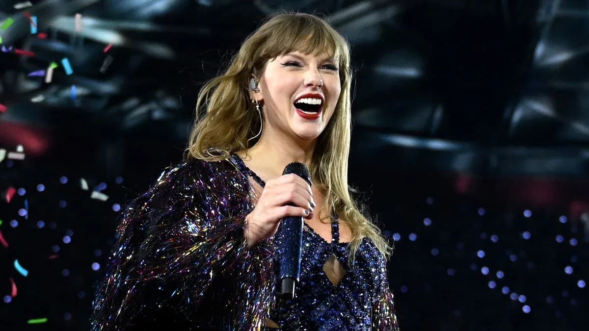Taylor Swift posing in a glittering stage costume for The Life of a Showgirl: The Encore album cover