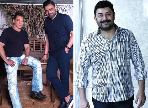 Salman Khan and Arvind Swamy performing a train stunt on the set of Monster in Mumbai