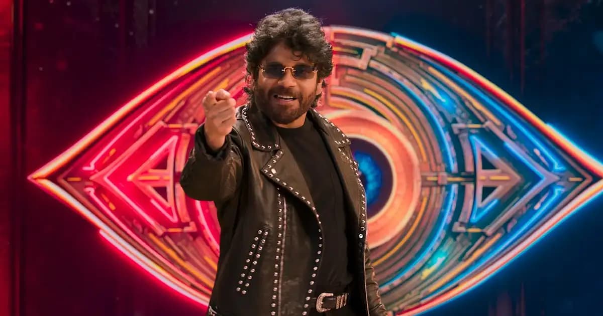 Bigg Boss Telugu 10 house set with contestants gathered, promotional still from the reality show