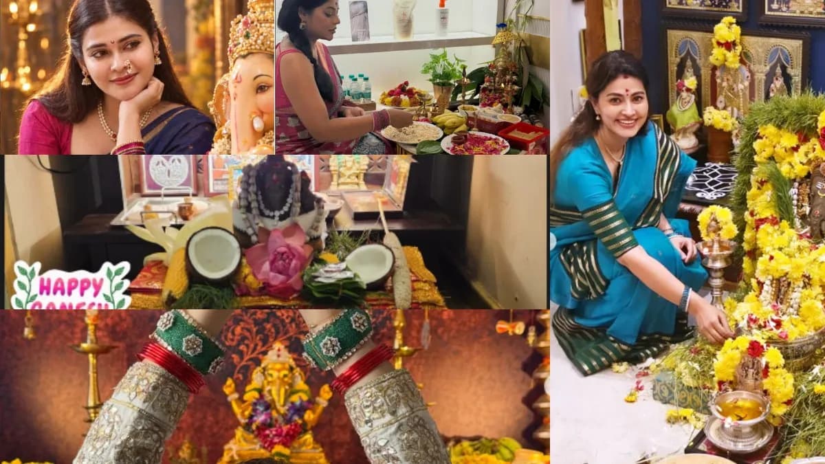Collage of Tamil actresses celebrating Ganesh Chaturthi with idol photos and puja offerings