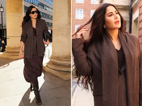 Katrina Kaif in a brown dhoti skirt and flannel blazer at a London event