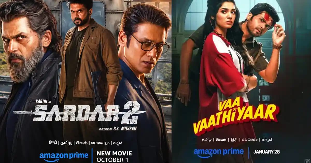 Poster of Karthi’s Sardar 2 with Amazon Prime Video logo overlay, indicating the film’s upcoming streaming release.