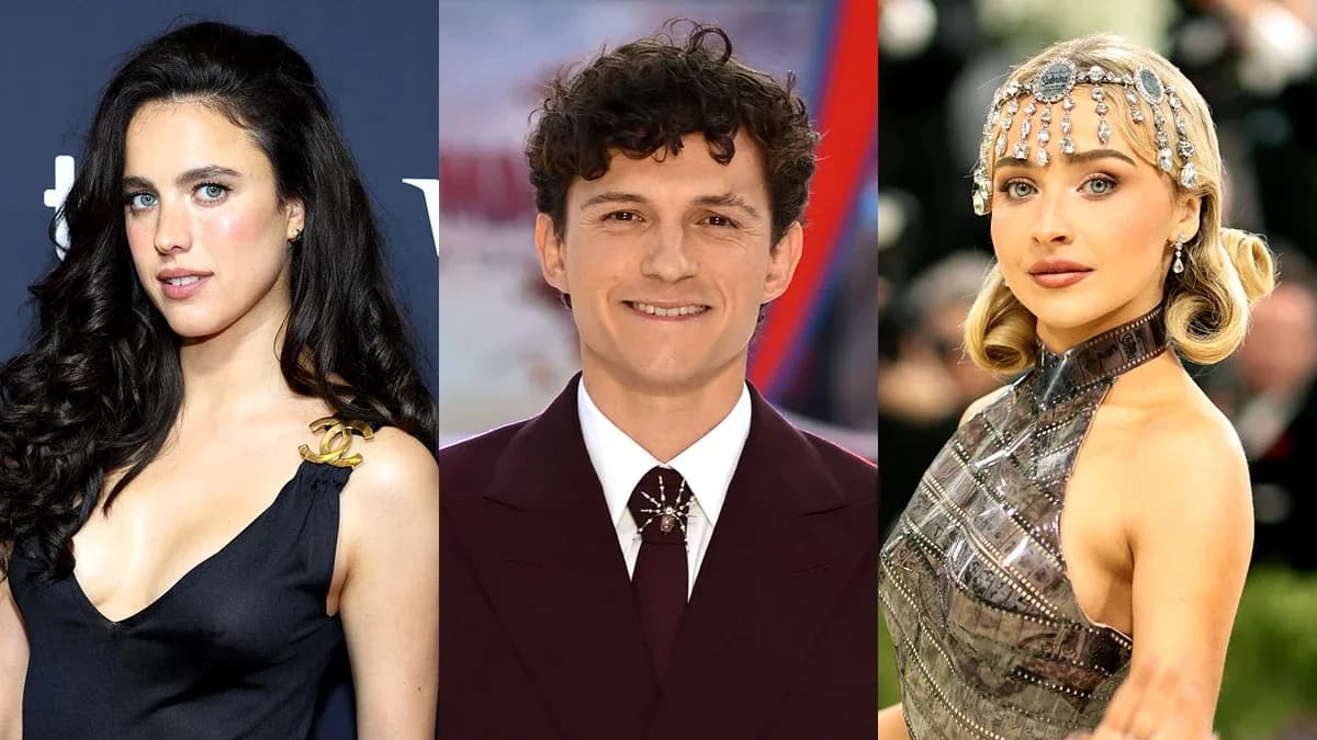 Tom Holland, Margaret Qualley and Sabrina Carpenter pose on set of the upcoming Fred Astaire biopic