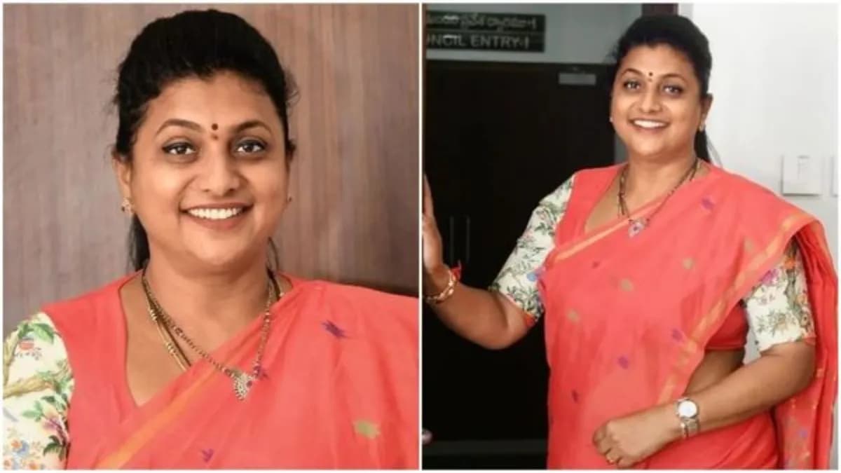 Actress Roja speaking at a podium microphone during the Lenin Pandiyan pre-release event.
