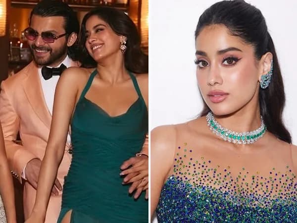 Janhvi Kapoor and Shikhar Pahariya at a spiritual event, standing side by side, smiling softly