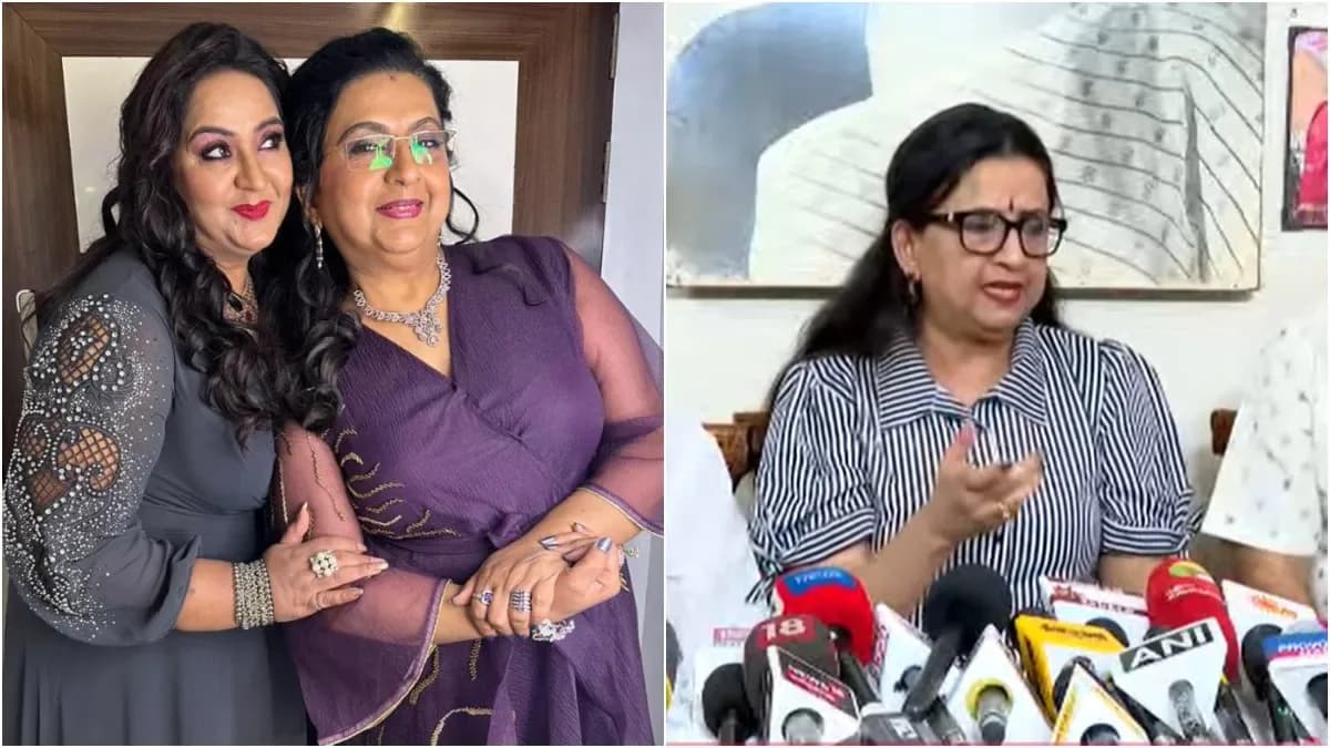 Actress Ambika speaking to reporters at a press meet, addressing fraud allegations made by her sister, actress Radha.