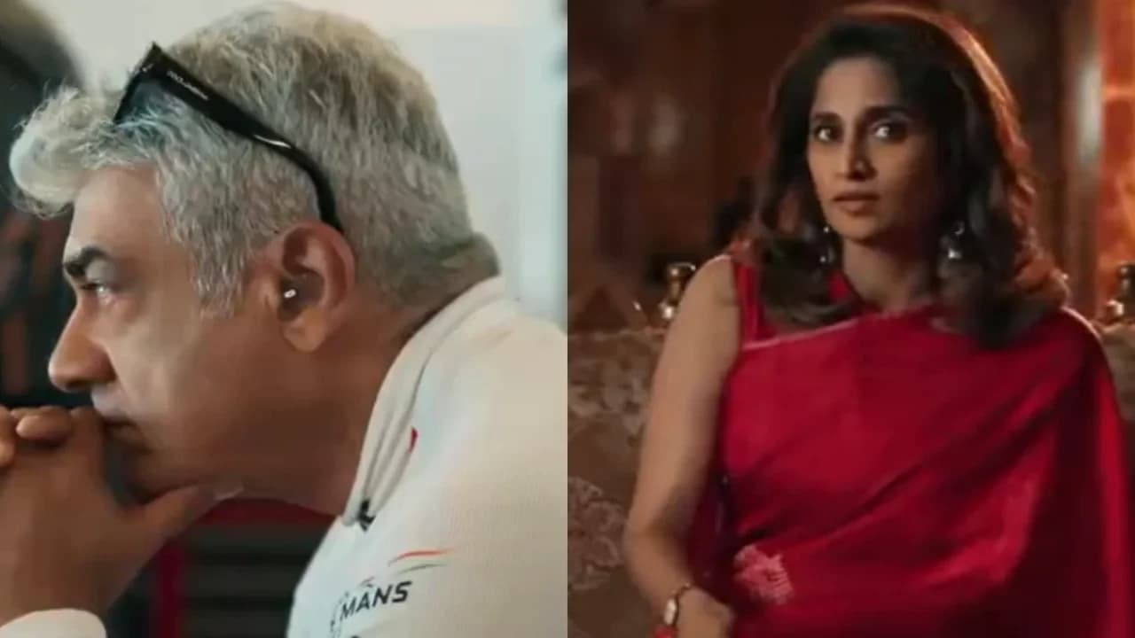 Ajith Kumar in racing gear beside a motorsport car in a still from the Gladiators documentary trailer