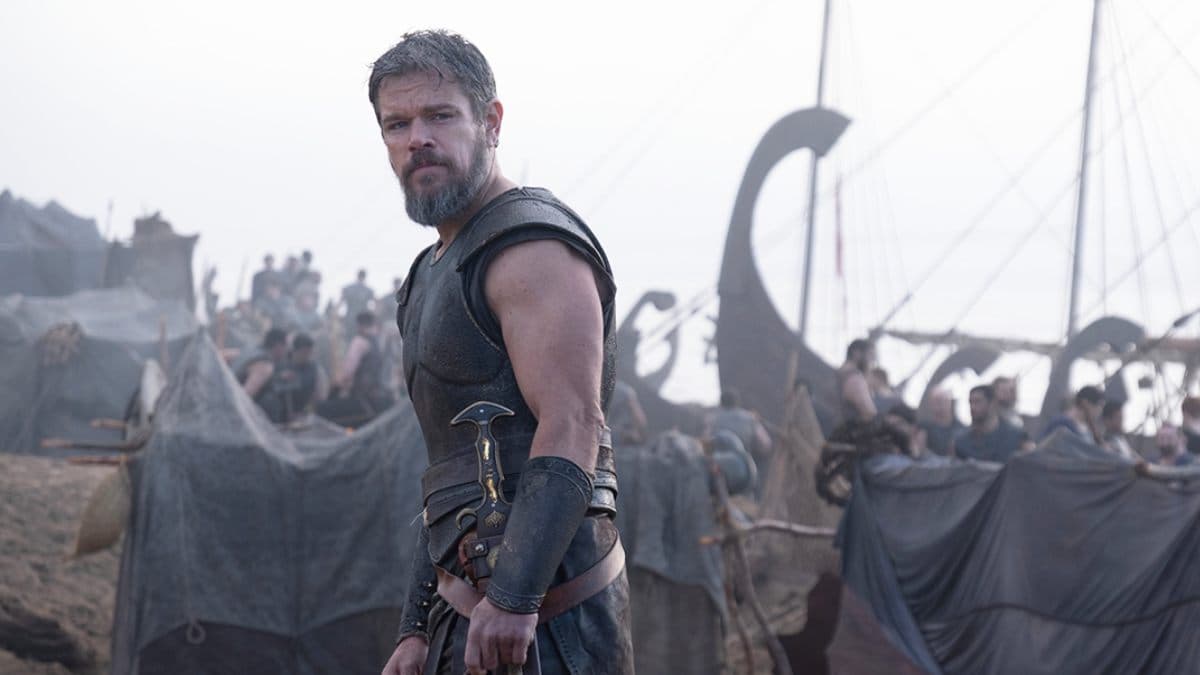 Promotional image of Matt Damon as Odysseus from Christopher Nolan's film The Odyssey