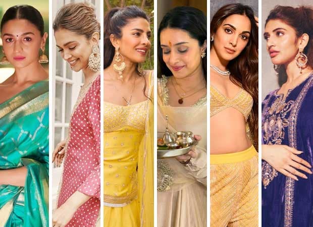 Collage of Alia Bhatt, Deepika Padukone, Priyanka Chopra, Kiara Advani, Sreeleela and Shraddha Kapoor in festive ethnic outfits for Ganesh Chaturthi.