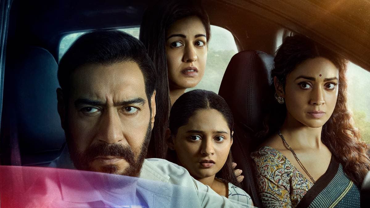 Poster of Drishyam 3 featuring Ajay Devgn and Tabu against a dark city backdrop