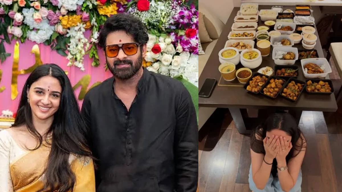 Imanvi Esmail holding a plate of food with a handwritten note from Prabhas