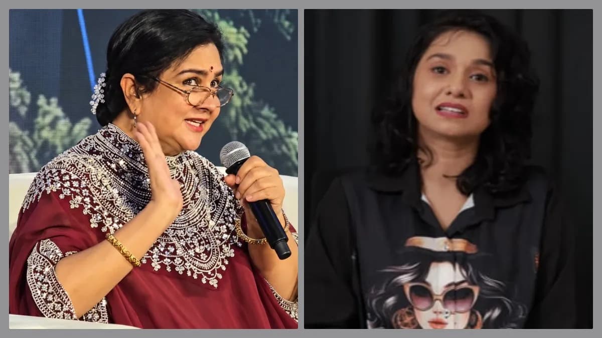 Urvashi and anchor Daksha Raveendranath at the Aash film pre‑launch event in Kochi, with a mixed-language microphone.