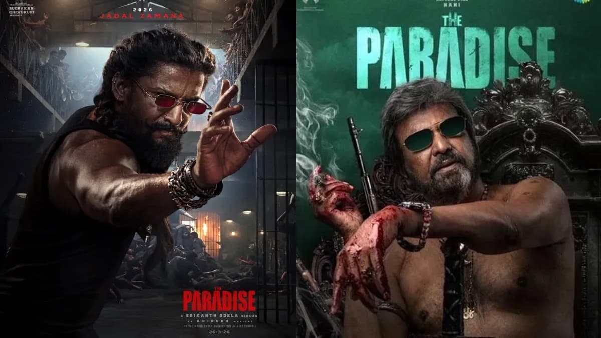 Poster of Nani’s film The Paradise showing the lead actor in an action pose against a fiery backdrop