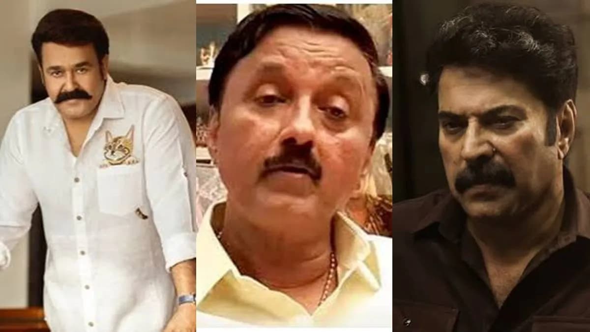 Collage of Mammootty and Mohanlal in classic Malayalam film stills alongside director portraits