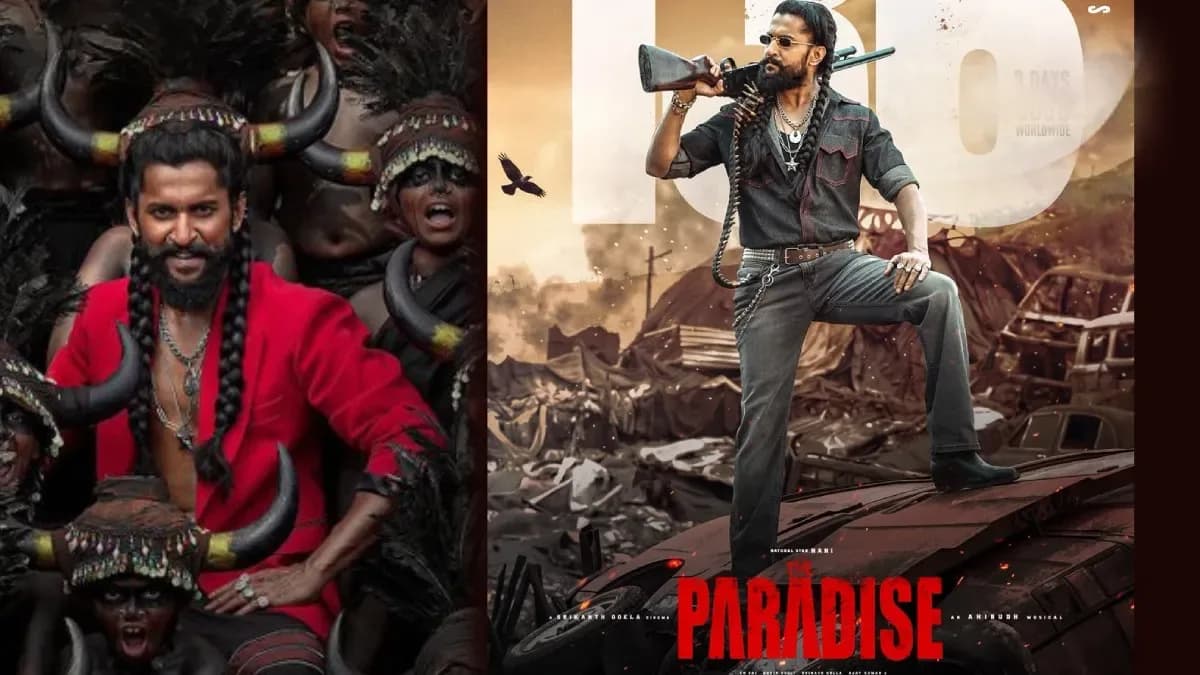 Poster of The Paradise showing Nani and Srikanth Odela against a vibrant rural backdrop