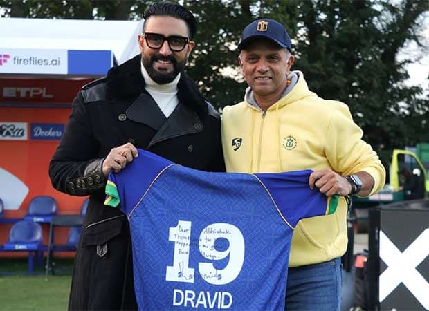 Rahul Dravid's signed No. 19 cricket jersey gifted to Abhishek Bachchan during the ETPL tournament in Dublin
