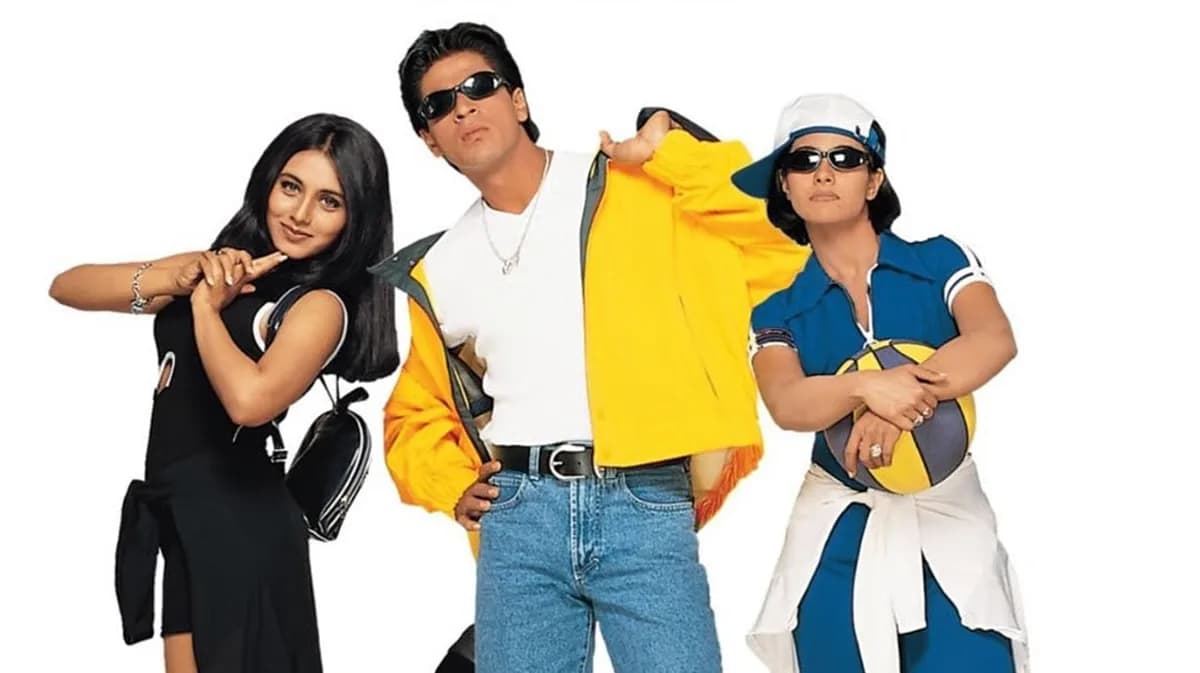 Promotional image of Shah Rukh Khan, Kajol and Rani Mukerji from Kuch Kuch Hota Hai against a Scottish backdrop