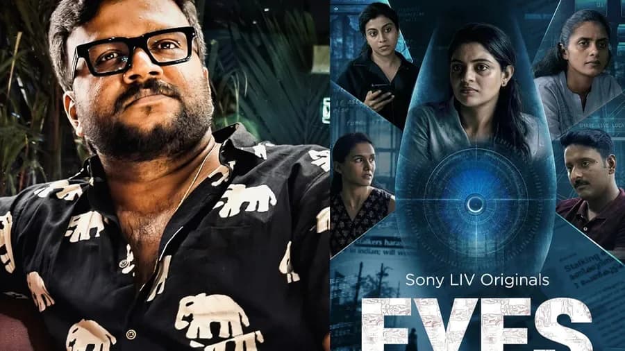 Still from the Malayalam web series 'Eyes' featuring Dev Mohan in a tense scene, set against a dimly lit urban backdrop.