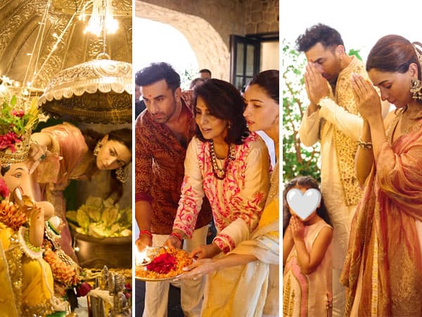 Alia Bhatt performing aarti in front of a Ganesh idol alongside Ranbir Kapoor and family during Ganpati celebrations