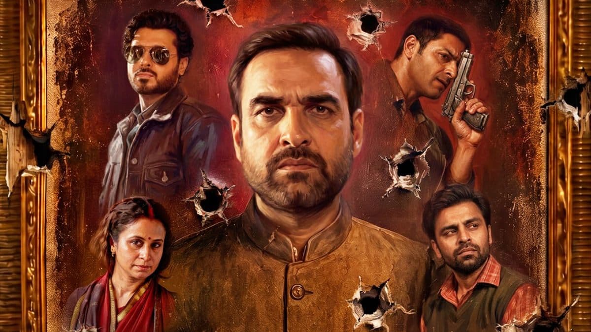 Poster or still from Mirzapur: The Movie featuring the main cast in a tense confrontation