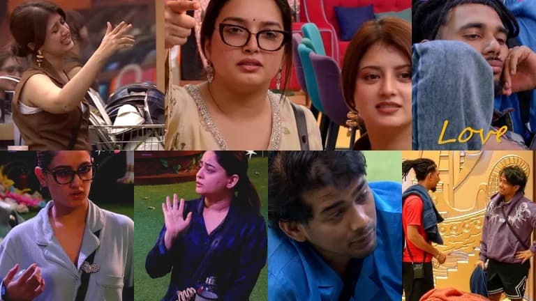 A tense scene from Bigg Boss 20, with contestants facing off in the living area, expressions strained.
