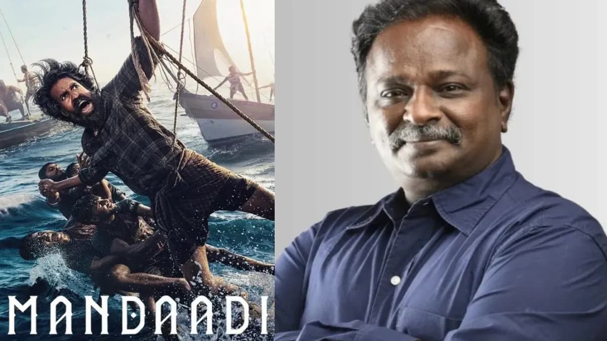 Promotional still from the Tamil film Mandaadi showing a sailboat race off a fishing village coastline