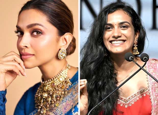 Deepika Padukone and PV Sindhu standing together, smiling, holding a garment from the Featured Closet collection