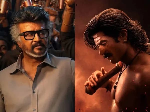 Split promotional image of Rajinikanth from Jailer 2 and Vijay Deverakonda from Ranabaali ahead of their Dasara release clash