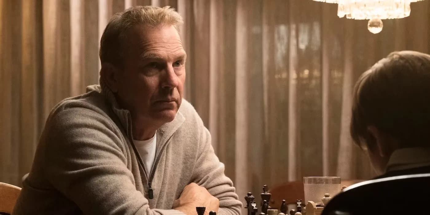 Kevin Costner sitting on a park bench, face half-lit, eyes glistening, looking at Jessica Chastain.