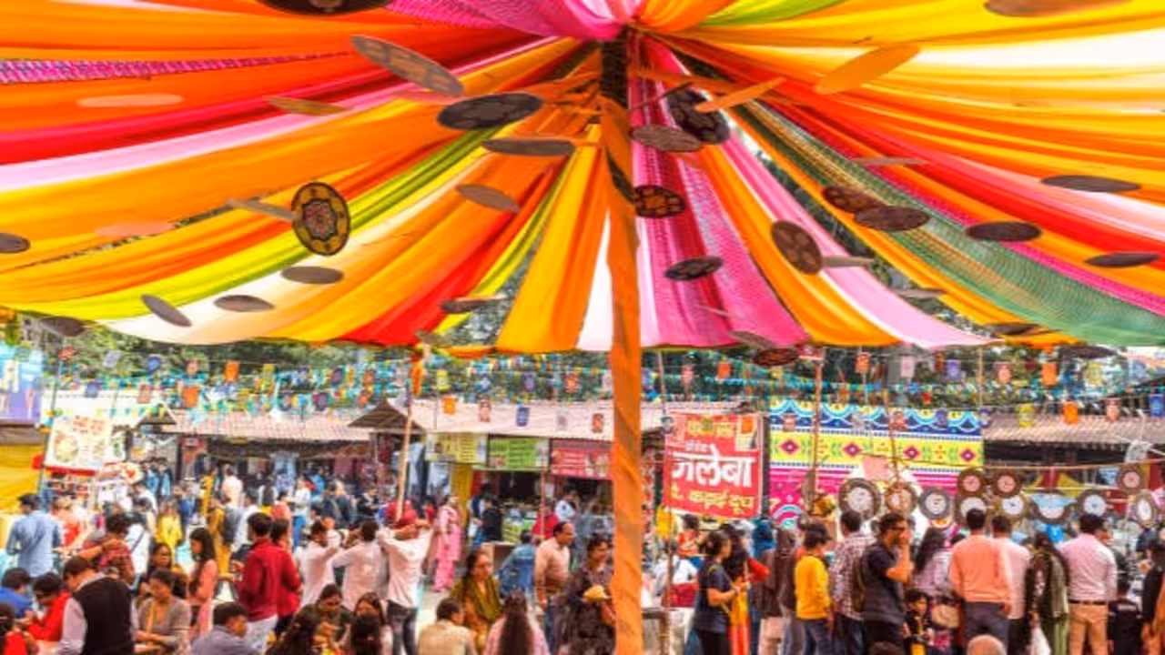 Colorful Durga Puja pandals illuminated at night in Kolkata