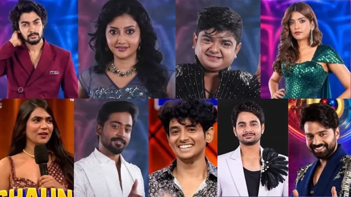 A split-screen image showing Trigun smiling confidently on one side and Aman looking tense on the other, both inside the Bigg Boss house.