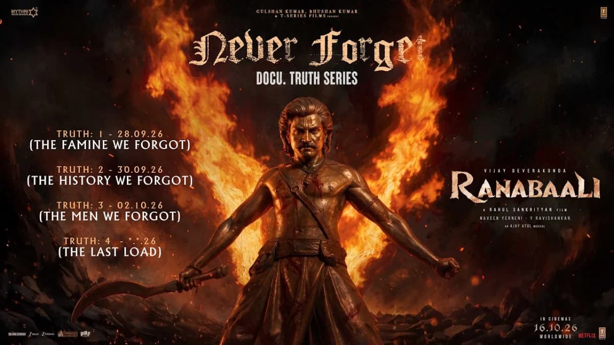 Poster of Ranabaali documentary series showing Vijay Deverakonda and Rashmika Mandanna amidst 19th‑century set pieces