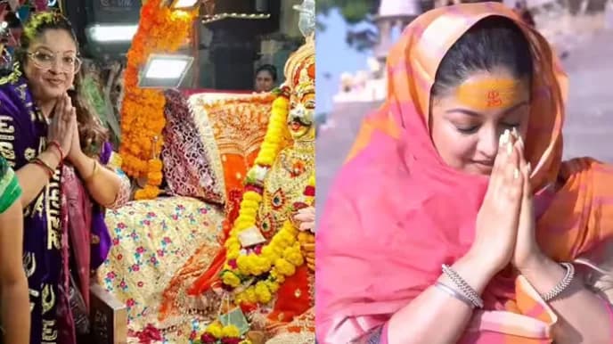 Tanushree Dutta at Mahakaleshwar Temple, hands folded in prayer, standing before a stone lingam