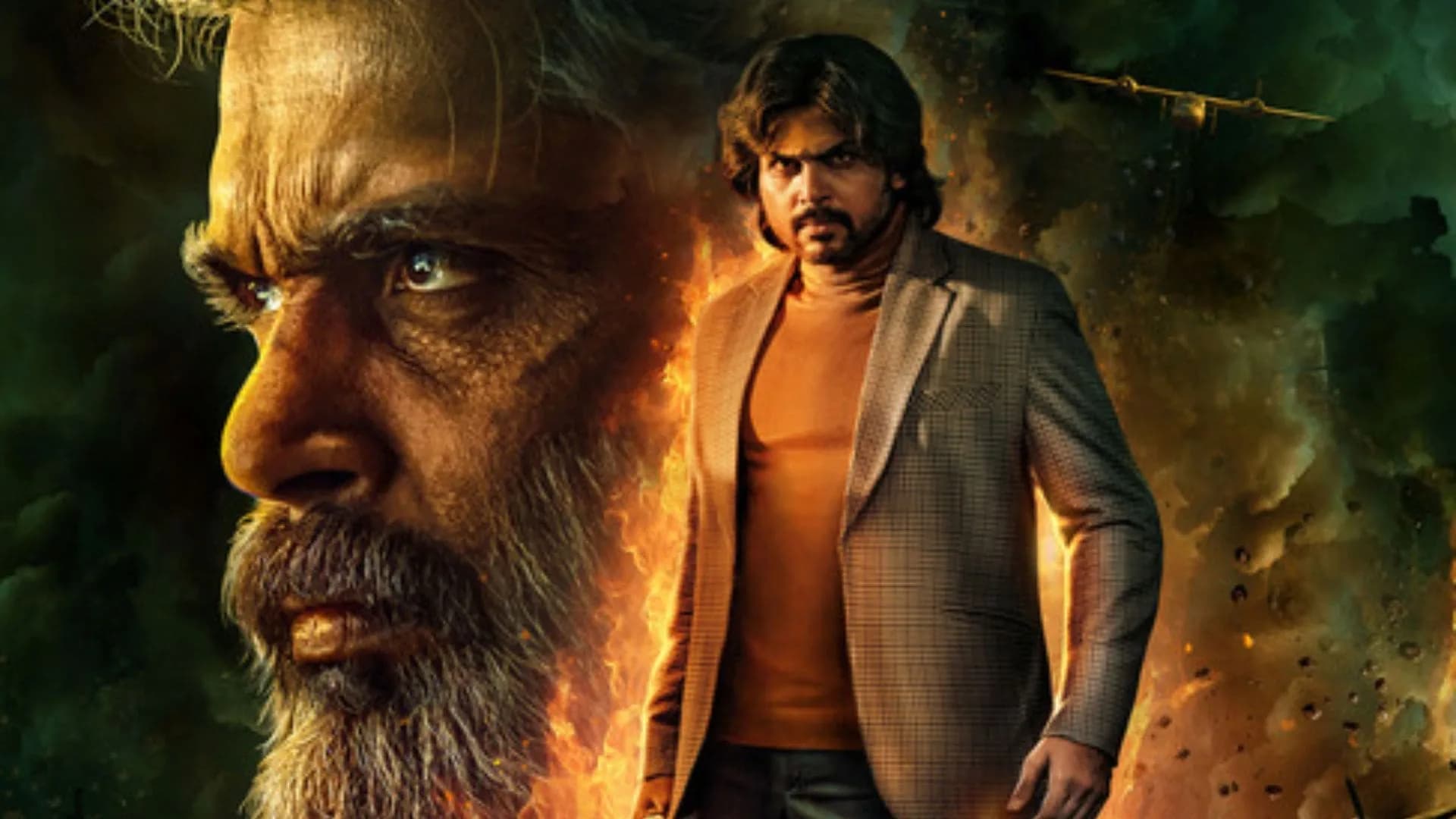 A still from Sardar 2 showing Karthi in action mode, with a dark background and bold text overlay reading 'Trending Now'.