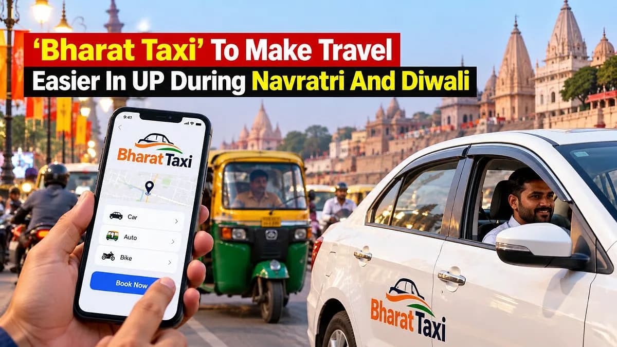 A smartphone screen showing the Bharat Taxi app interface with a map overlay highlighting Uttar Pradesh cities.