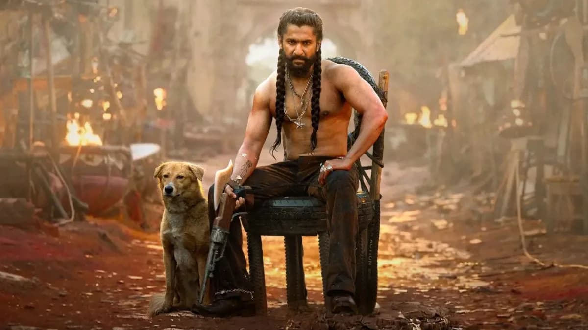 Promotional still of Nani in an action pose from the Telugu film The Paradise ahead of its theatrical release.