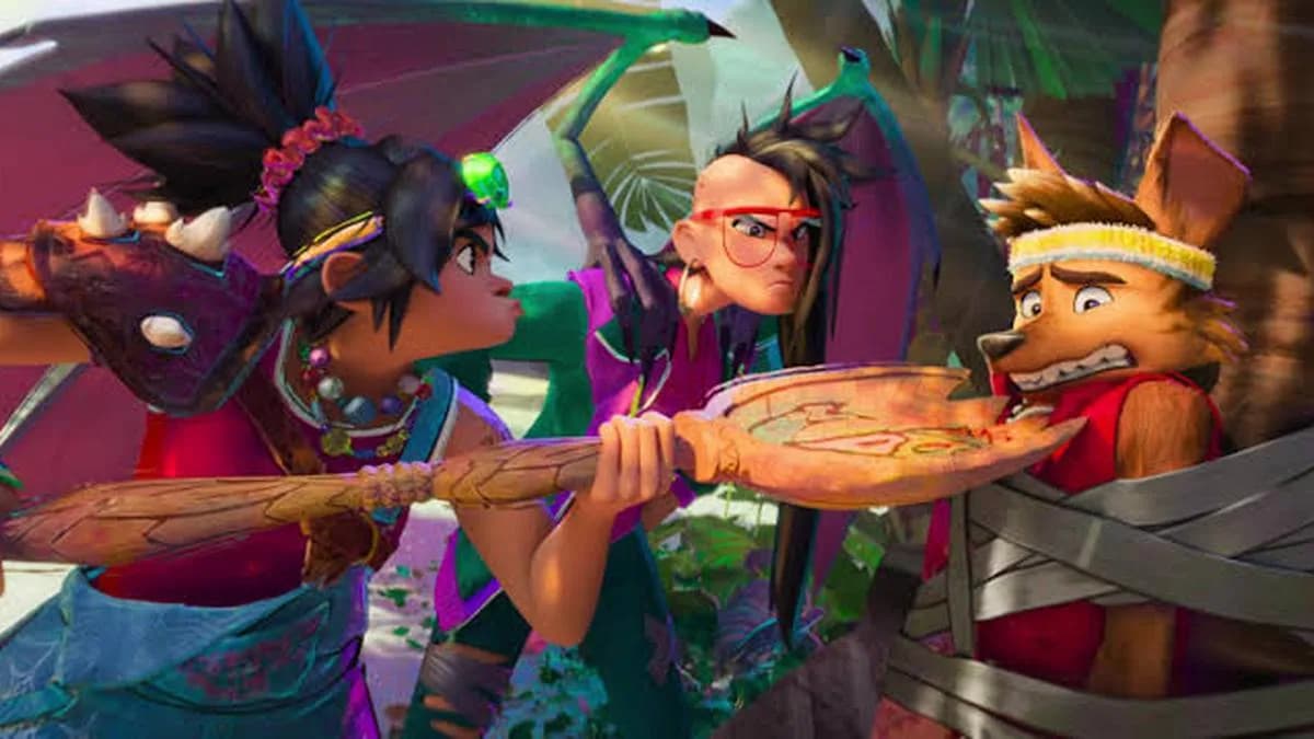 Poster of Forgotten Island showing Jo, Raissa and colorful folklore creatures against a bright island backdrop