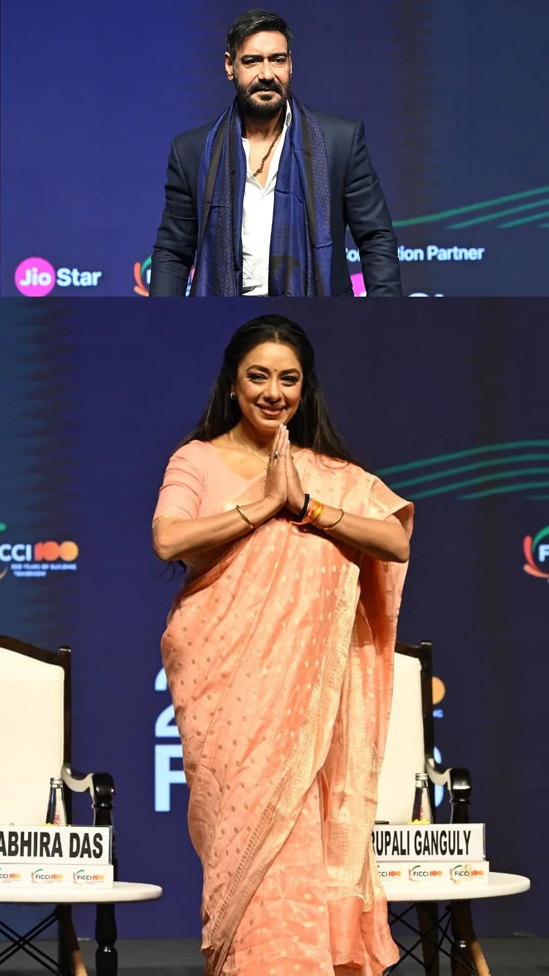 Rupali Ganguly in a vibrant orange saree and Ajay Devgn in a navy three‑piece suit on the FICCI Frames 2026 red carpet in Mumbai