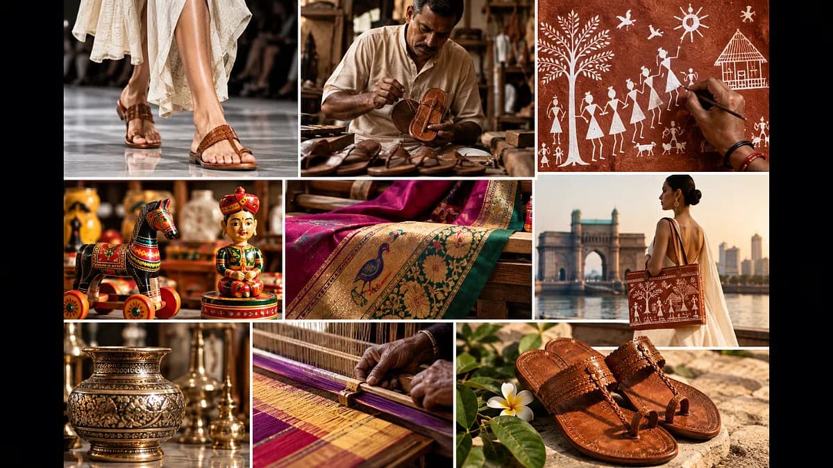 Handcrafted Kolhapuri leather chappals displayed alongside traditional Maharashtra craft textiles.