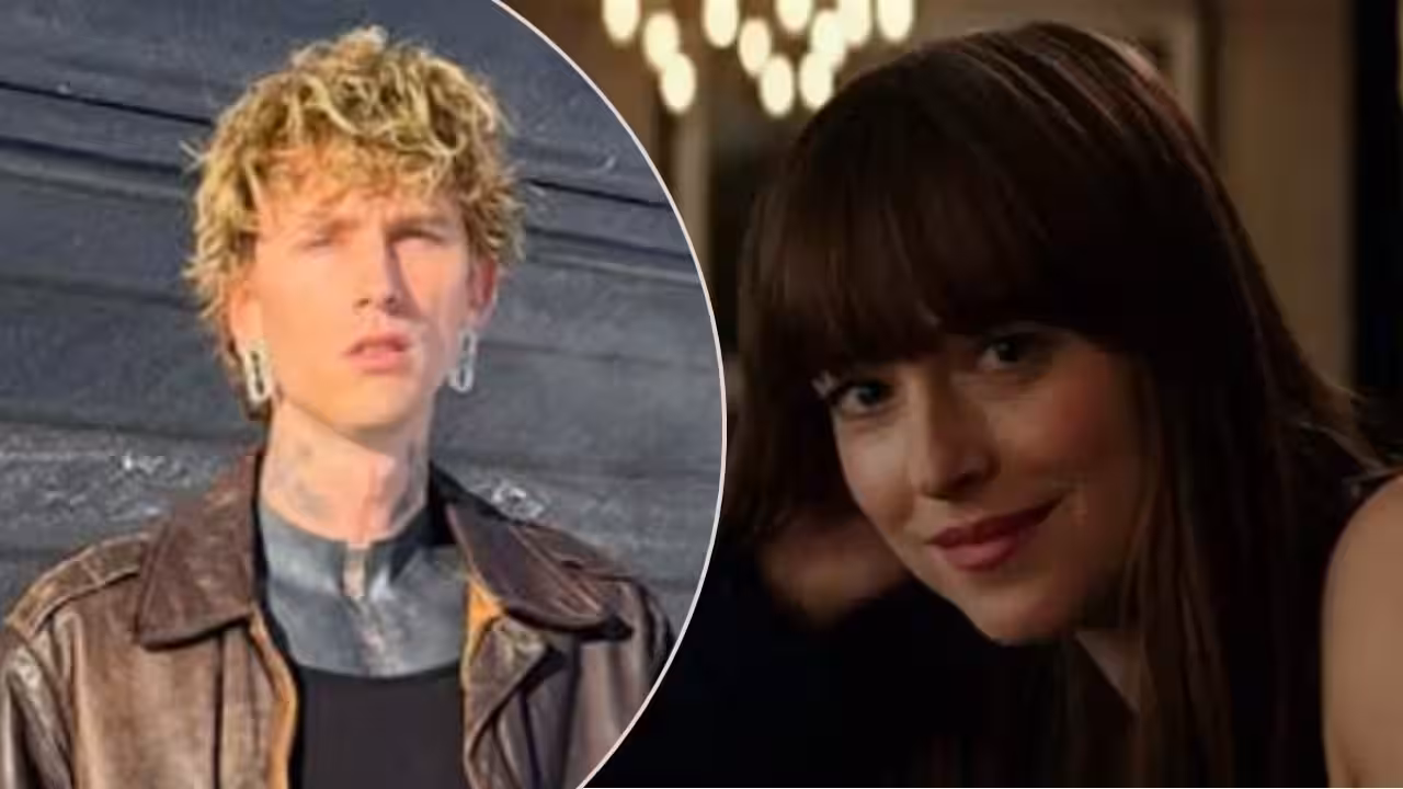 Dakota Johnson and Machine Gun Kelly walking together outside a New York City building at night.