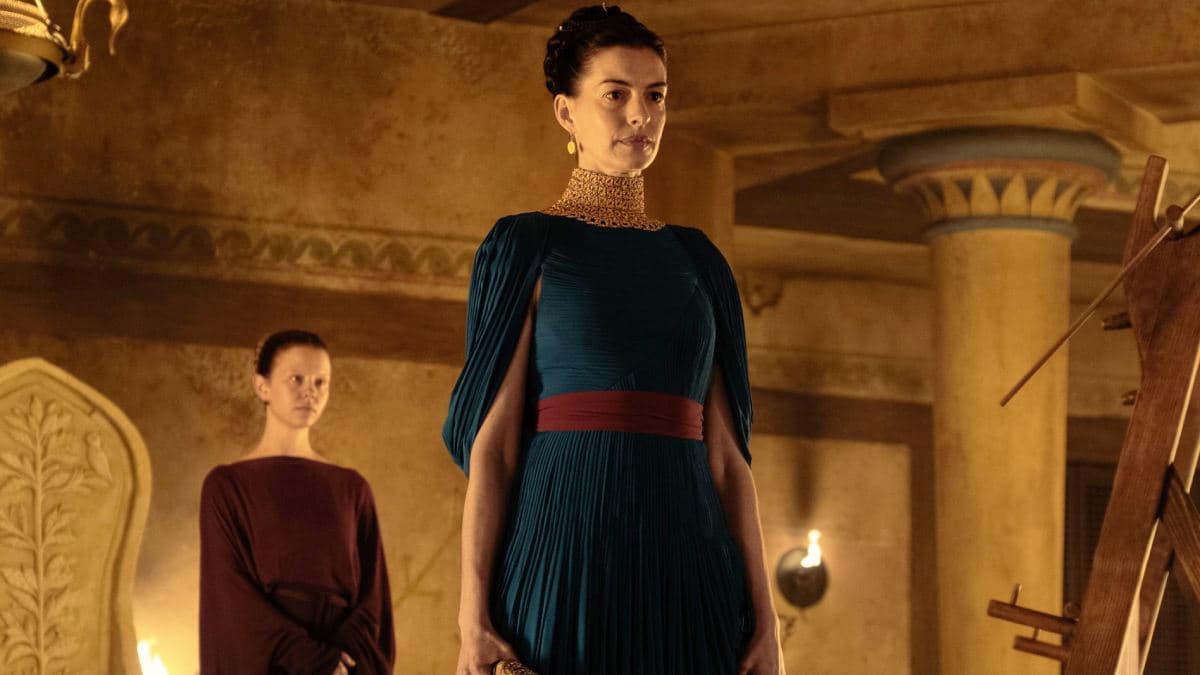 Poster or still from Christopher Nolan's film The Odyssey displayed in an Indian cinema lobby
