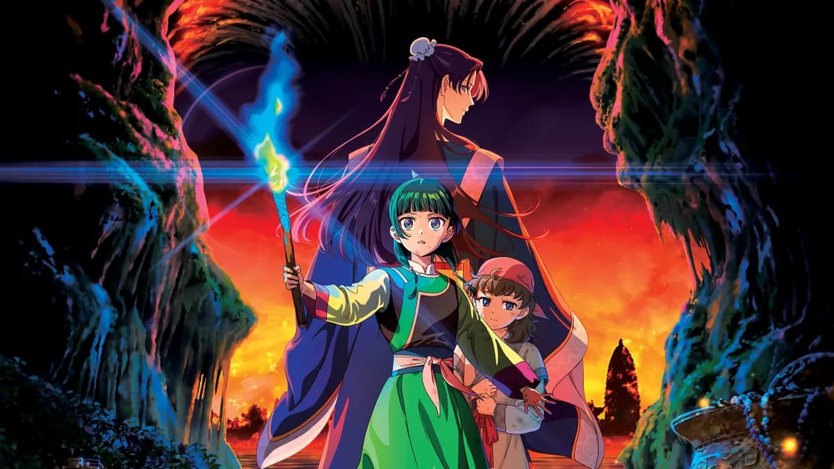 A promotional poster for 'The Apothecary Diaries: The Late Lady’s Treasure' showing Maomao and Jinshi standing beside a lantern-lit tomb in a misty forest.